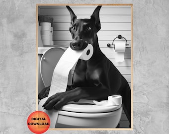 Art mural salle de bain DOBERMAN, impression toilette noir et blanc doberman pinscher, humour de salle de bain chien imprimable, affiche animal de compagnie fantaisiste, téléchargement