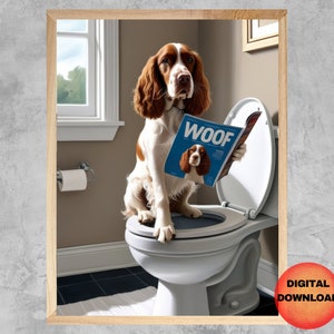 Englischer Springer Spaniel Sitzt Auf Toilette Poster, Springer Spaniel Badezimmer Kunst, Lustiger Hund Tierdruck, Whimsy Hundeliebhaber Geschenk, DOWNLOAD