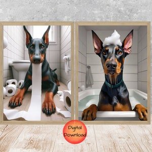 DOBERMAN Funny Animal Toilet Art, Doberman Pinscher Bathroom Set of 2 Prints, Dog Toilet, Whimsy Dog In Bathtub Poster, Doberman Lover Gift