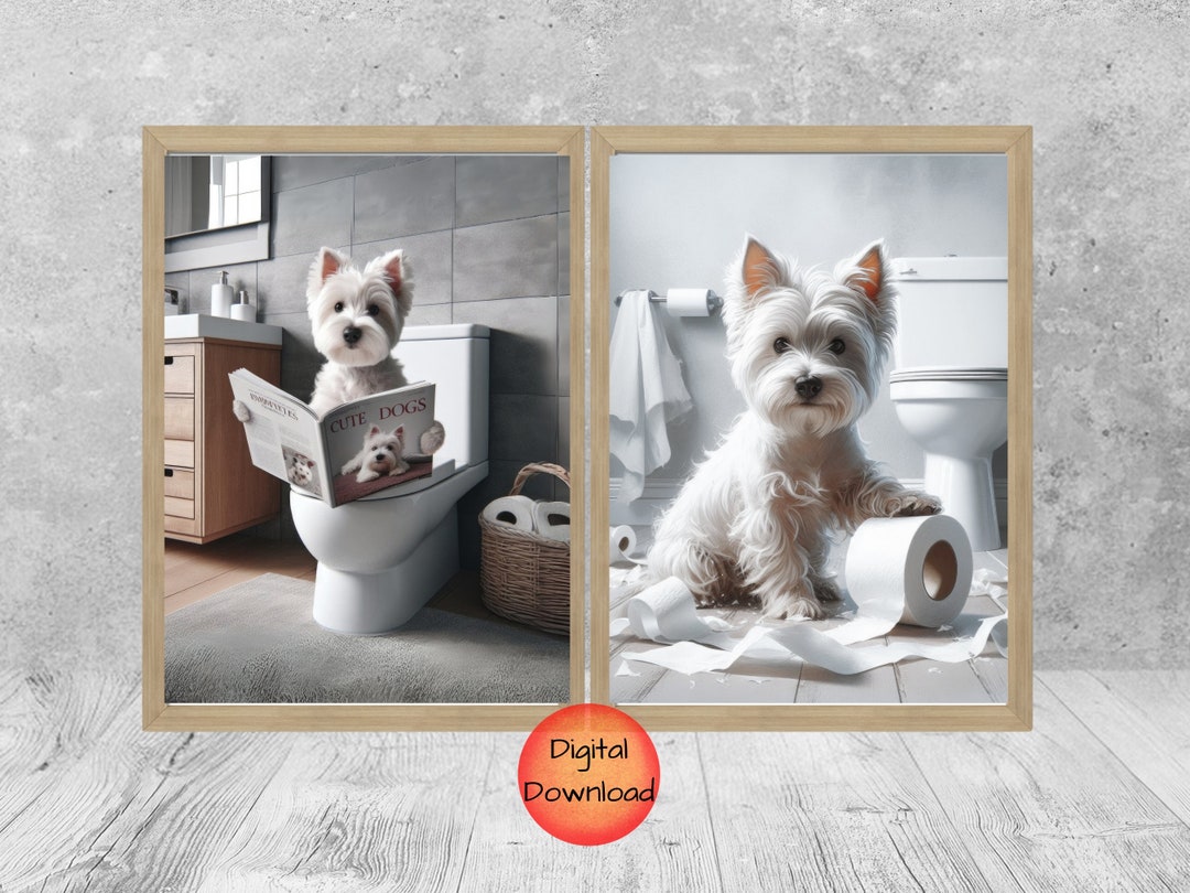 Westie Dog on Toilet Wall Art, West Highland Terrier Bathroom Set of 2
