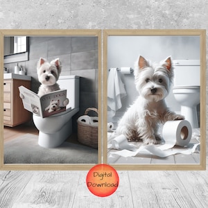 Westie Dog en el arte de la pared del inodoro, West Highland Terrier baño conjunto de 2, divertido baño para niños IMPRIMIBLE, cartel de animales caprichoso, regalo de amante de los perros