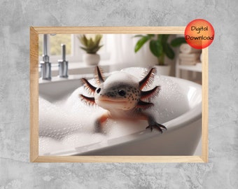 Lámina de ajolote para bañera, divertida decoración de pared de ajolote para baño, regalo original para amantes de los animales, obra de arte moderna descargable, decoración de ajolote para habitación infantil.