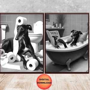Black and White Italian Greyhound Bathroom Set of 2, Funny Dog In Bathtub Print, Kids Greyhound Toilet Paper Print, Dog Lover Art, DOWNLOAD