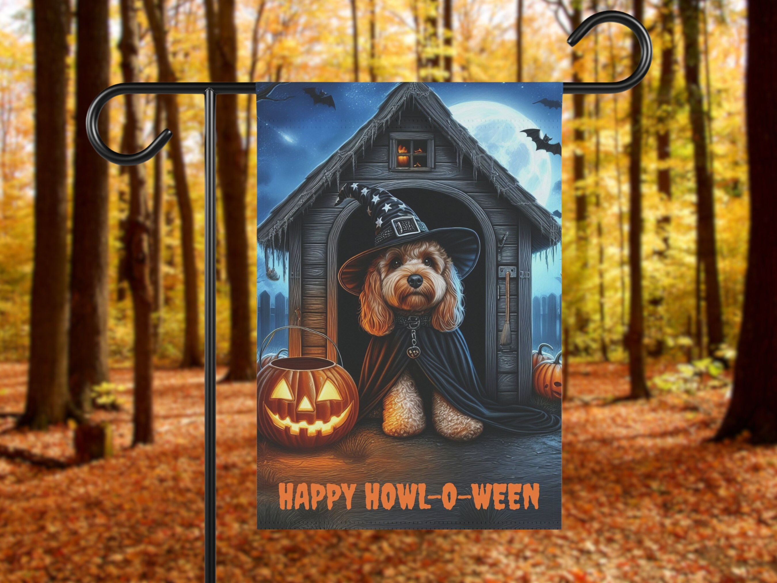 Cavapoo Fall Flag Fall Halloween Cavapoo Garden Flag, Autumn Cockapoo Haunted House Yard ...