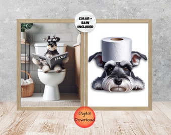 Impresión de baño Schnauzer miniatura, arte divertido de la pared Mini Schnauzer, regalo caprichoso para los amantes de los perros, obras de arte de humor del baño, color imprimible, B&W