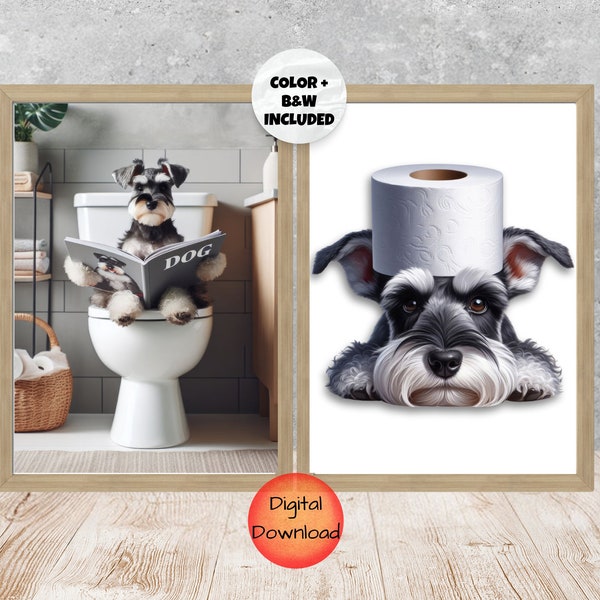 Impression de salle de bain schnauzer nain, art mural drôle mini schnauzer, cadeau fantaisiste pour les amoureux des chiens, oeuvre d'art humour salle de bain, imprimable couleur, noir et blanc