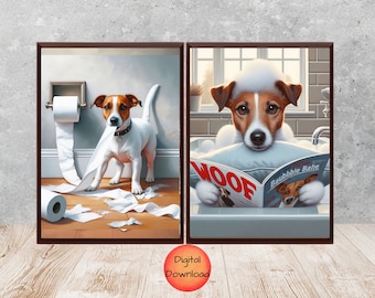 Jack Russell Terrier Bathroom Print Set of 2, Funny Toilet Paper Wall Art, Dog in Bathtub Humor, Whimsy Gift for Dog Lovers, DOWNLOADABLE