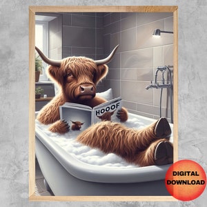Highland Cow in Bathtub Wall Art, Funny Cow Bathroom Printable, Quirky Kids Bath Tub Animal Print, Whimsy Cow Humor Mom Gift, DOWNLOADABLE