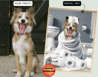 May include: A digital art print of a dog wrapped in a white towel, with a toilet paper roll on its head, sitting in a bathroom with toilet paper rolls scattered around. The dog is smiling and has a happy expression. The print is titled "Digital Art".