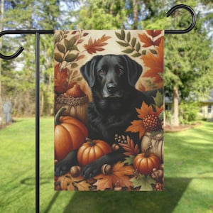 Black Lab Fall Garden Flag, Autumn Labrador Halloween Witch Yard Flag, Vintage Cottage Core Pumpkin House Flag, Custom Front Yard Dog Banner