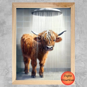 Highland Cow In Shower Bathroom Wall Art, Funny Cow Picture For Bathroom Print, Scottish Cow Lover Gift, Quirky Wall Decor, DIGITAL DOWNLOAD