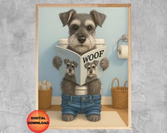 Schnauzer Dog On Toilet Wall Art, Funny Bathroom Print, Kids Bathroom Art, Whimsy Animal Poster, Schnauzer Dog Lover Gift, DOWNLOAD