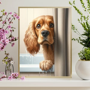May include: A golden brown cocker spaniel dog peeks out from behind a shower curtain. The dog is wet and has water droplets on its fur. The dog is looking at the camera with a curious expression.