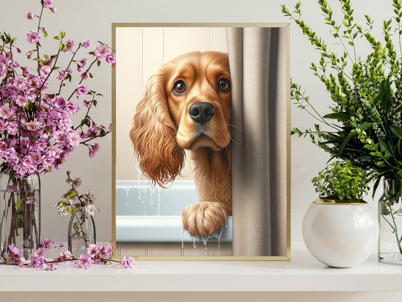 May include: A golden brown cocker spaniel dog peeks out from behind a shower curtain. The dog is wet and has water droplets on its fur. The dog is looking at the camera with a curious expression.