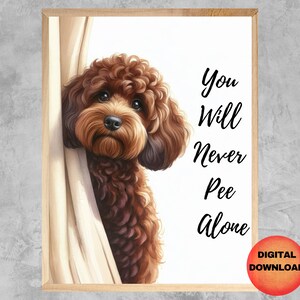 Pode incluir: Um cão castanho e branco espreita por trás de uma cortina branca. O texto "You will never pee alone" está escrito em preto sobre um fundo branco. A imagem tem um rótulo de download digital.