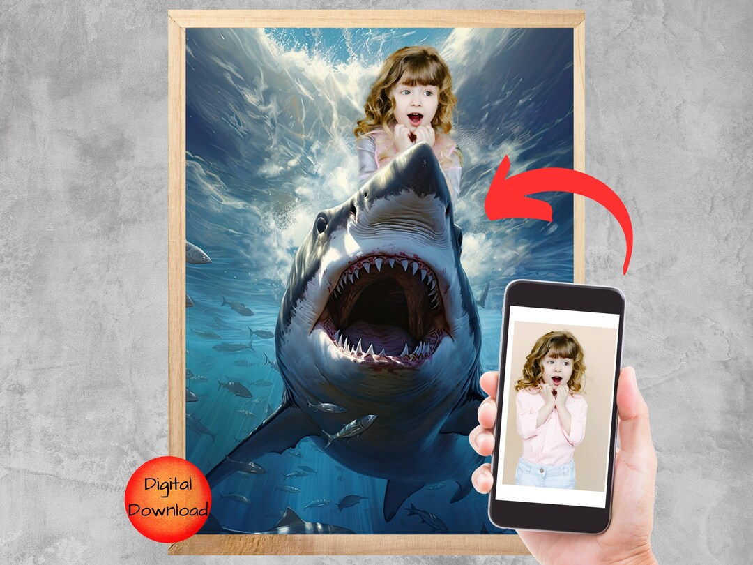 Personalized Girl Riding Shark Portrait, Custom Portrait From Photo