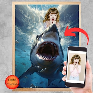 Personalized Girl Riding Shark Portrait, Custom Portrait From Photo, Shark Themed Wall Art for Kids Bedroom, Gift For Girl Shark Lover