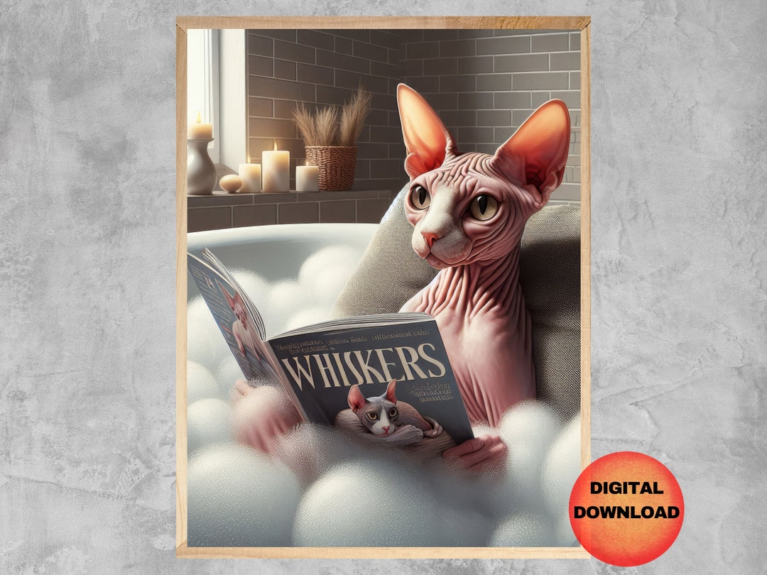 SPHYNX Cat in Bathtub Wall Art, Funny Cat Bathroom Printable, Hairless ...