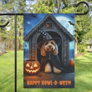 May include: A Halloween-themed garden flag featuring a dog dressed as a witch with a black hat and cape, standing in front of a spooky house. The flag has the text "Happy Howl-O-Ween" at the bottom.