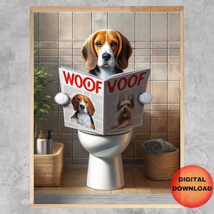 BEAGLE Sitting On Toilet Reading Print, Funny Beagle Bathroom Art, Pet Dog Animal Print, Whimsy Pet Poster, Dog Lover Gift, DOWNLOADABLE