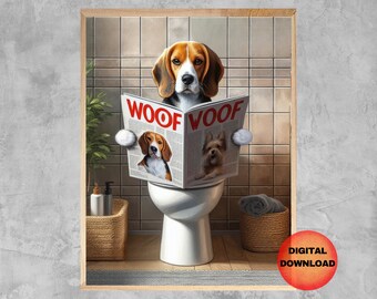 May include: A beagle dog sitting on a toilet reading a magazine titled "Woof Woof". The magazine features photos of other dogs. The dog is wearing a white collar and has brown and white fur.