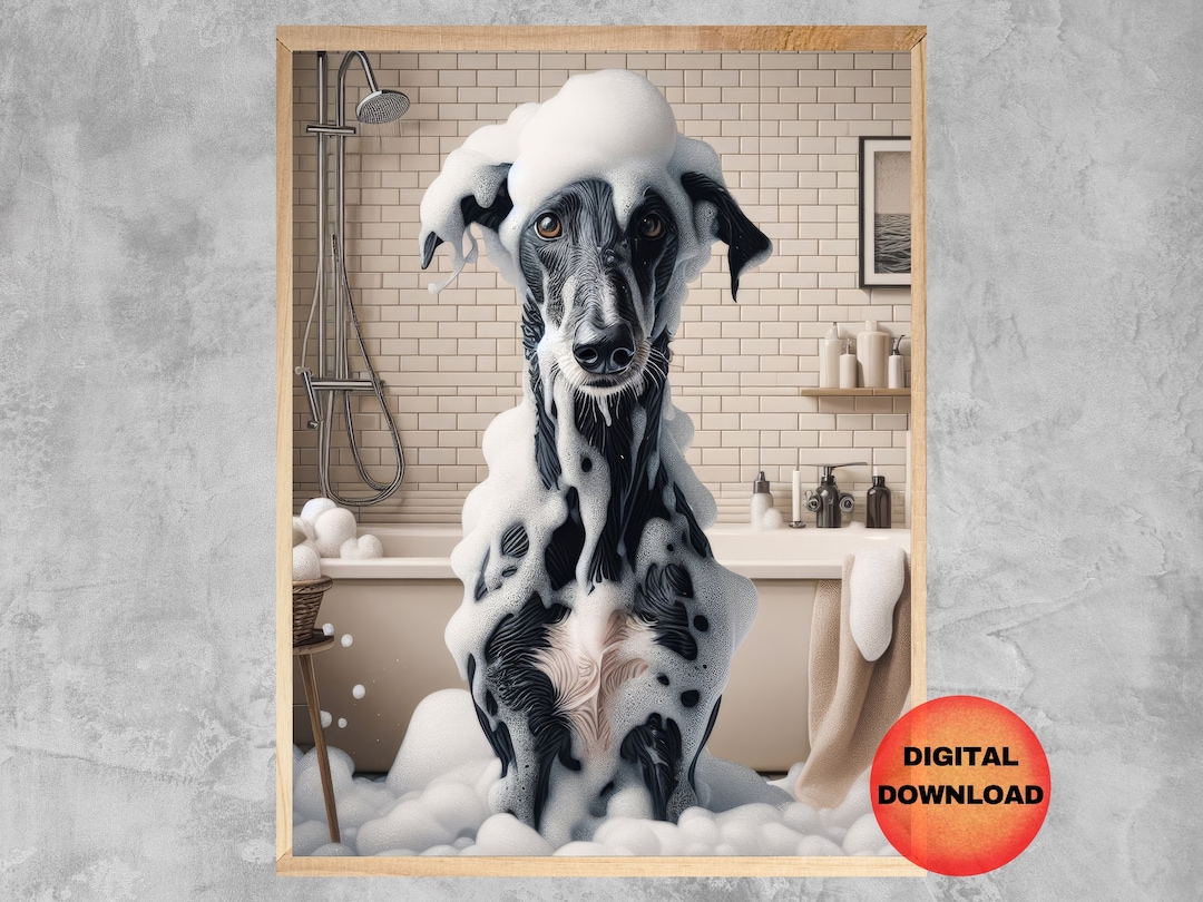 Funny Black Greyhound Bathroom Printable, Greyhound Taking Shower, Dog ...