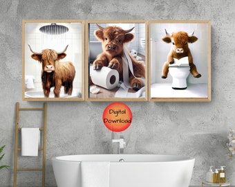 Scottish Highland Cow Funny Bathroom Print, Farm Animal Humor, Whimsical Highland Cow Lover Gift, Set of 3 Prints, DOWNLOADABLE Cattle Art