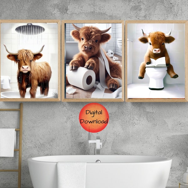 Scottish Highland Cow Funny Bathroom Print, Farm Animal Humor, Whimsical Highland Cow Lover Gift, Set of 3 Prints, DOWNLOADABLE Cattle Art