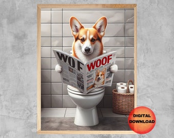 Decoración de pared para baño con diseño de Corgi, póster divertido de perro leyendo en el inodoro, animal caprichoso en el inodoro, lámina humorística de perro Corgi, regalo para amantes de los Corgis, DESCARGAR
