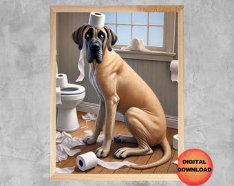 May include: A brown and tan Great Dane dog wearing a toilet paper roll on its head. The dog is sitting in a bathroom with a toilet and scattered toilet paper.