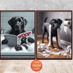 Ensemble d&#39;impression de salle de bain Labrador noir de 2, art mural drôle de papier toilette Labrador, chien dans l&#39;art de la baignoire, cadeau fantaisiste pour les amateurs de labrador, téléchargeable