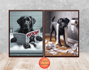 Black Labrador Bathroom Print Set of 2, Funny Labrador Toilet Paper Wall Art, Dog in Bathtub Art, Whimsy Gift Labrador Lovers, DOWNLOADABLE