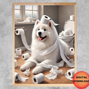 Samoyed Toilet Wall Art, Funny Samoyed Bathroom Print, Whimsy Gift for Samoyed Dog Owners, Guest Bathroom Dog Humor Poster, DOWNLOADABLE