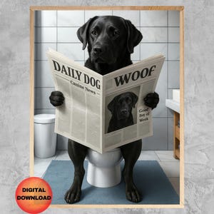 Art mural labrador sur les toilettes, impression de salle de bain de laboratoire noir drôle, cadeau fantaisiste pour les amateurs de labrador, affiche d&#39;humour de chien de salle de bain d&#39;invité, téléchargement