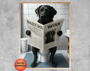May include: A framed print shows a black Labrador Retriever sitting on a toilet, reading a newspaper titled "Daily Dog" and "Woof." The newspaper features a photo of the dog. The scene is set in a bathroom with a blue mat and a white toilet.