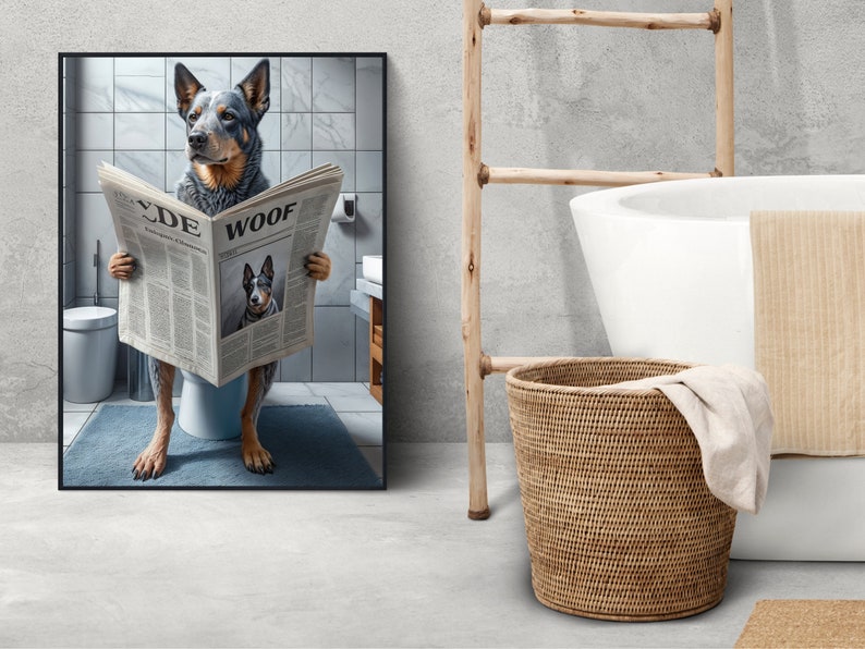 BLUE HEELER Sitting on Toilet Reading Newspaper, Australian Cattle Dog