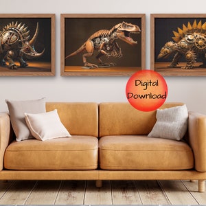 Set of 3 Dinosaur Digital Prints, T-Rex Triceratops Stegosaurus, Kinetic Art Style, Instant Download, Wall Art, Home Decor Nursery Art