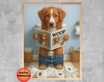 Nova Scotia Duck Tolling Retriever On Toilet Wall Art, Funny Toller Bathroom Print, Whimsy Animal Poster, Toller Dog Lover Gift, DOWNLOAD