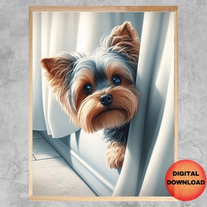 Yorkie Bathtub Wall Art, Funny Yorkshire Terrier Dog Bathroom Print, Whimsy Gift for Yorkie Dog Mom, Pet Bathroom Humor Poster, DOWNLOADABLE