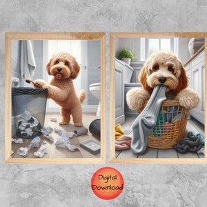 May include: Two digital prints of a brown and white dog in a bathroom setting. The dog is pulling items out of a bin in one image and a laundry basket in the other.
