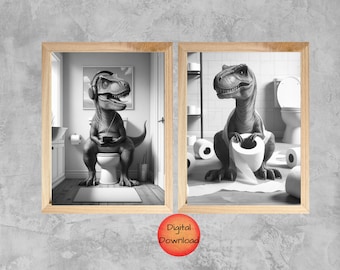 T-Rex Kids Bathroom Art, Funny Dinosaur Bathroom Prints, Whimsical Animal Wall Art, Dino Lover Gift, Dinosaur Toilet Poster, Black and White