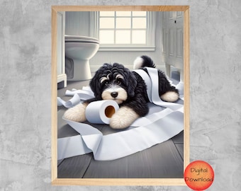 May include: A black and white dog is lying on a white toilet paper roll. The dog is looking at the camera with a playful expression. The toilet paper is unrolled and scattered around the dog.