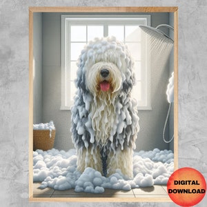 Salle de bain chien de berger à imprimer, drôle de chien de berger anglais ancien dans la douche, art mural, affiche de bain pour chien, idée cadeau pour propriétaire de chien, humour toilettes, téléchargement