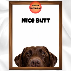 May include: A framed print with the text "NICE BUTT" in black, above a brown dog's face. A red circle with "DIGITAL DOWNLOAD" is in the top right corner. The frame is brown.
