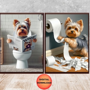 Yorkie Bathroom Printable Set of 2, Funny Yorkshire Terrier Toilet Art, Pet Yorkie Kids Bathroom Poster, Dog Mom Gift Idea, DOWNLOADABLE