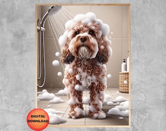 Puede incluir: Un perro marrón y blanco con pelo rizado está cubierto de burbujas blancas mientras está de pie en una ducha. El perro está mirando a la cámara.
