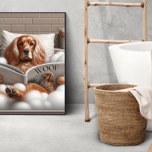 May include: A brown and white cocker spaniel dog relaxing in a bathtub full of bubbles and reading a magazine titled "Woof".