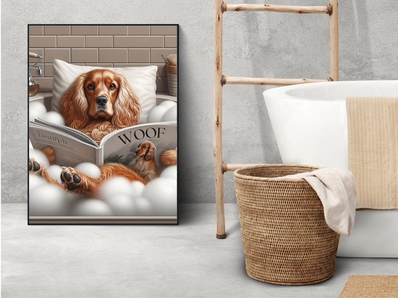 May include: A brown and white cocker spaniel dog relaxing in a bathtub full of bubbles and reading a magazine titled "Woof".