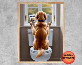Golden Retriever Toilet Wall Art, Funny Golden Retriever Bathroom Print, Pet Dog Bathroom Printable, Retriever Lover Dog Mom Gift, DOWNLOAD