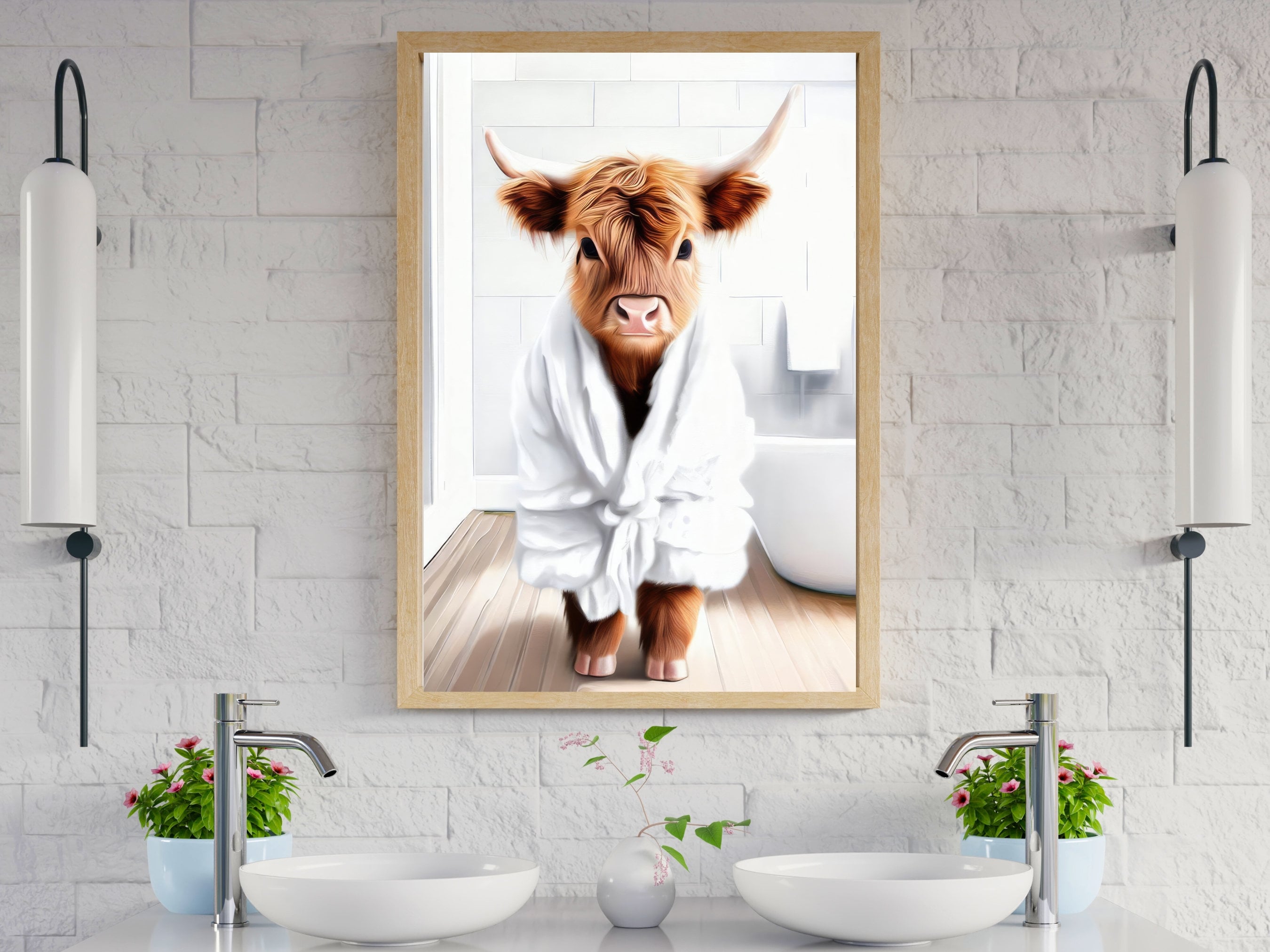 Grappige Highland koe badkamer Wall Art Prints, Vintage zwart-wit